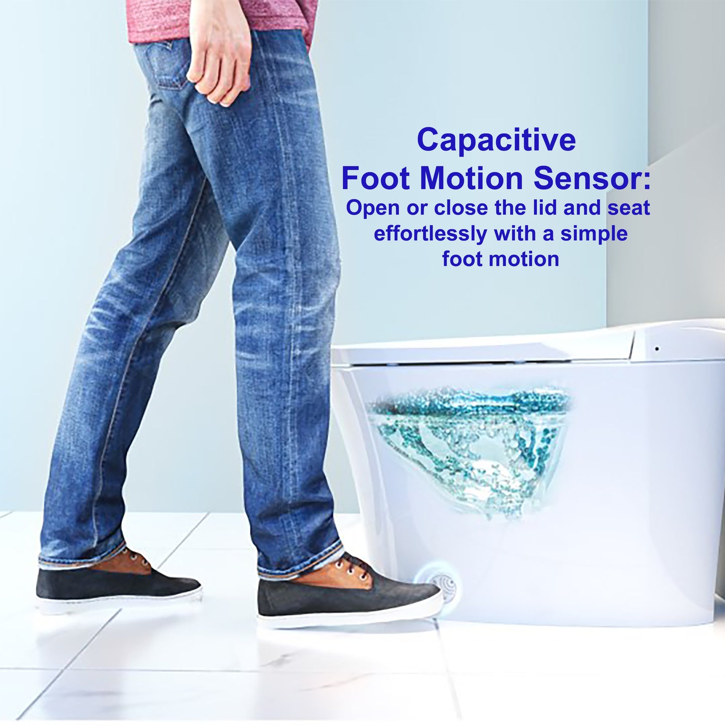 Person standing on a toilet using a foot to operate capacitive sensor
