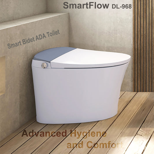 SmartFlow DL-968 smart bidet ADA toilet in a bathroom setting with wooden floor and beige wall.