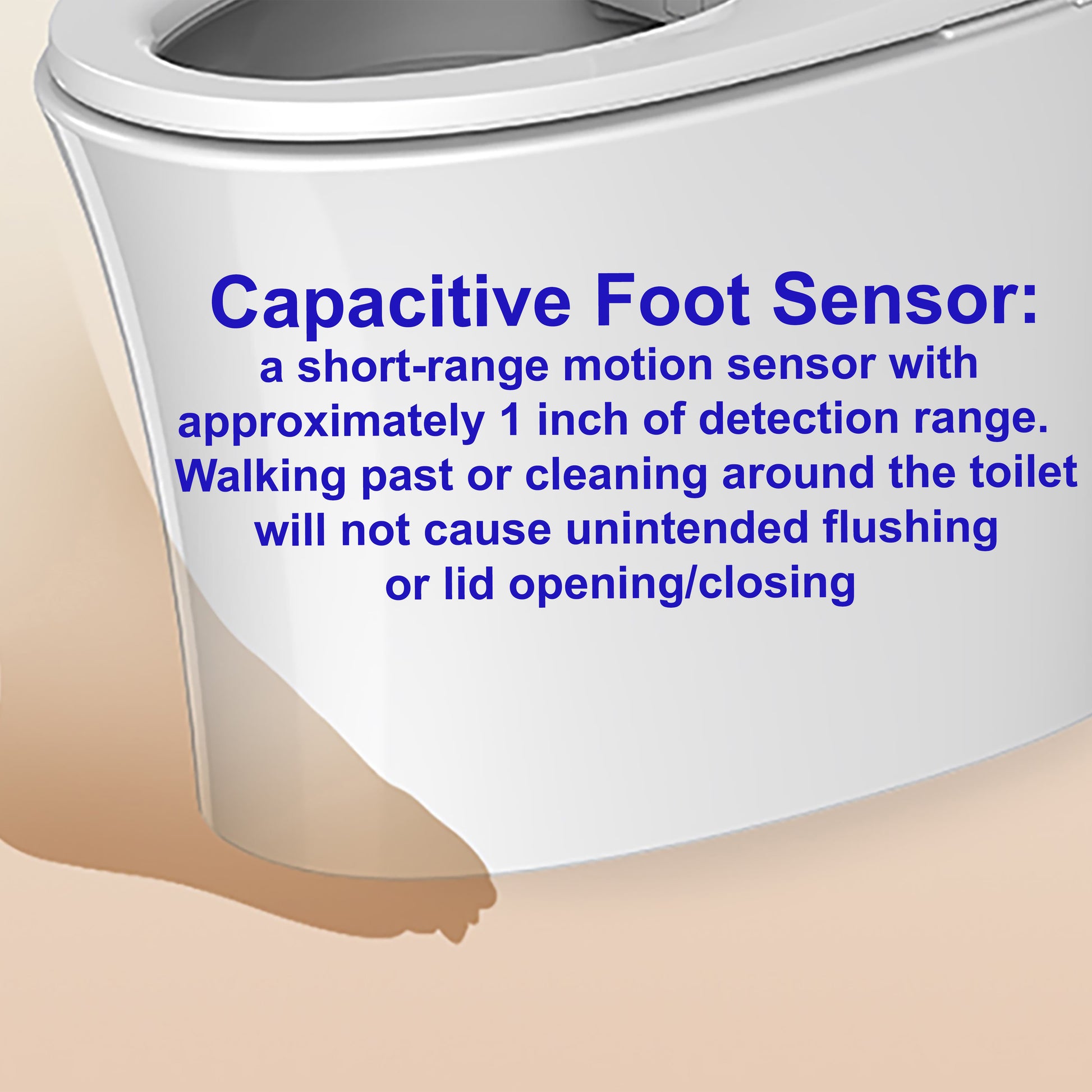 Capacitive foot sensor attached to a toilet.  Capacitive sensor is a short range sensor in comparison to infrared sensor, which doesn't cause unwanted opening/closing/flushing when walking by or cleaning.